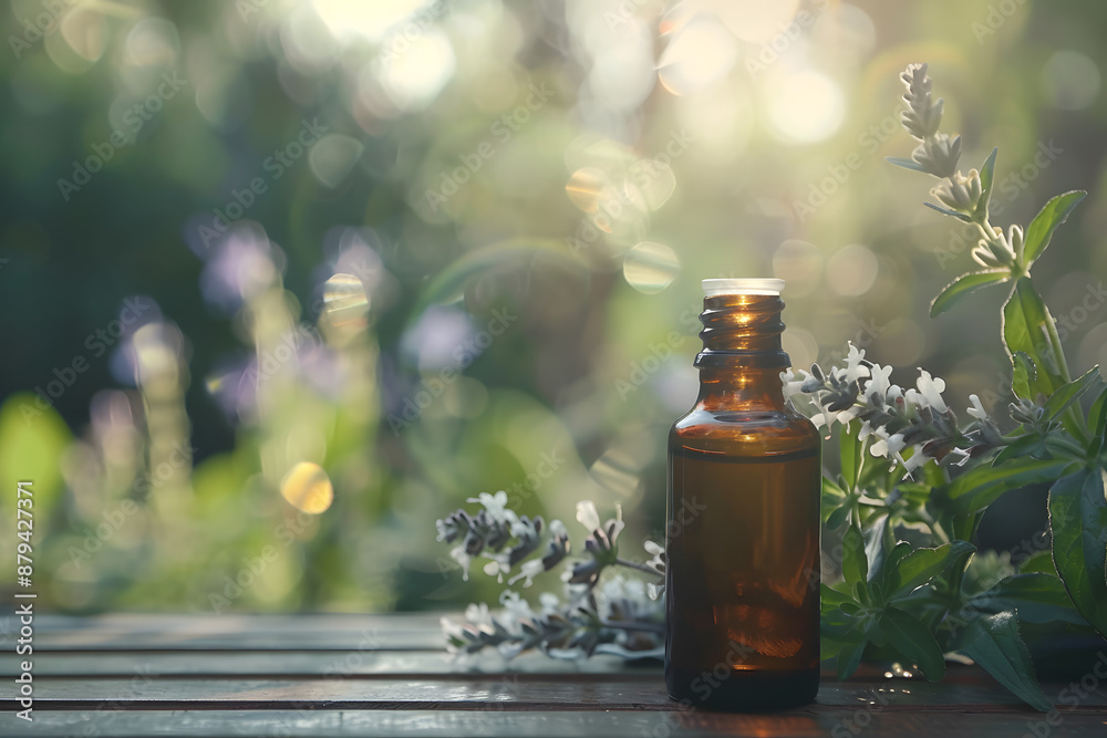 Highest Quality Hyssop Essential Oil Bottle on Wooden Table Highest Quality Hyssop Essential Oil Bottle on Wooden Table
