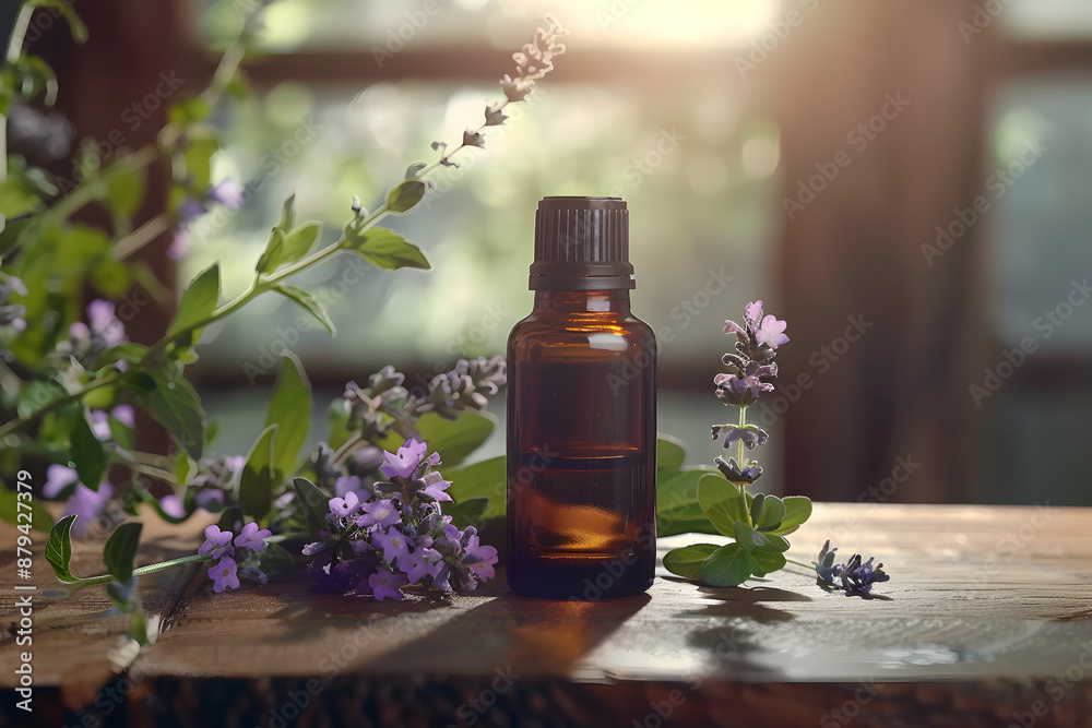 Highest Quality Hyssop Essential Oil Bottle on Wooden Table Highest Quality Hyssop Essential Oil Bottle on Wooden Table
