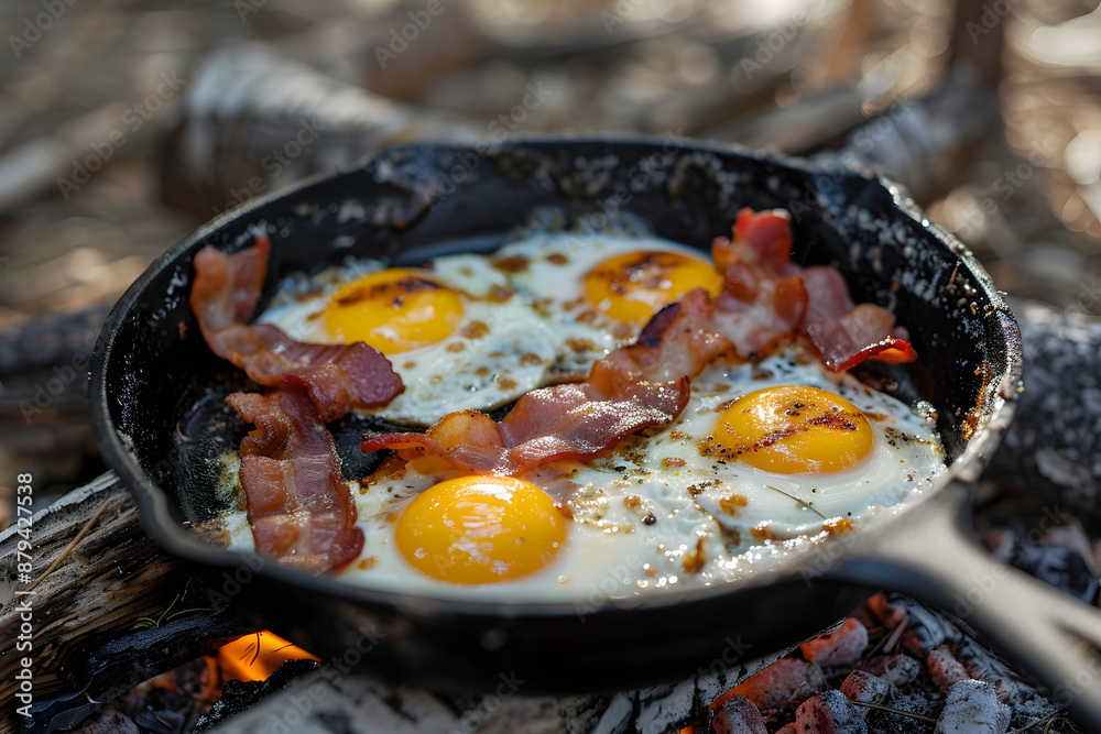 Camping Breakfast with Bacon and Eggs in Cast Iron Skillet Camping Breakfast with Bacon and Eggs in Cast Iron Skillet