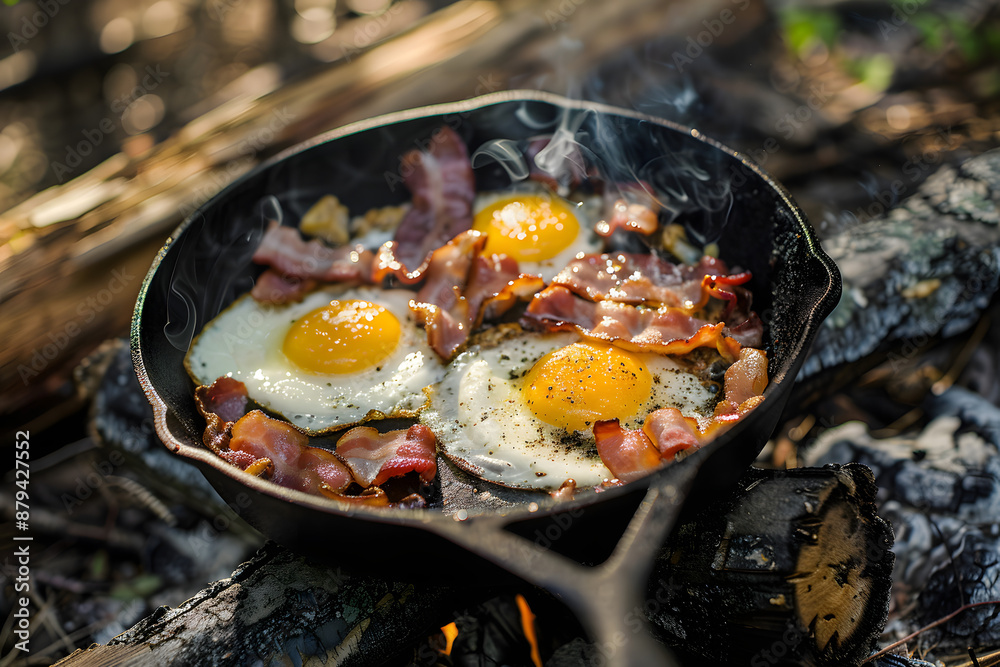 Camping Breakfast with Bacon and Eggs in Cast Iron Skillet Camping Breakfast with Bacon and Eggs in Cast Iron Skillet