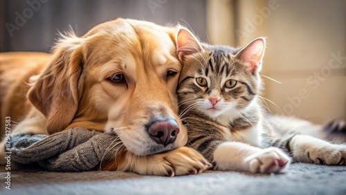 Wallpaper Mural Adorable dog and cat snuggle together in tender friendship, showcasing affection and companionship in heartwarming animal bond scene. Torontodigital.ca