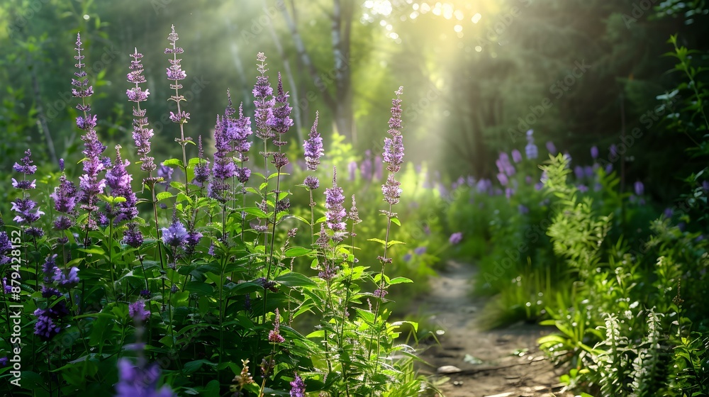 Fototapeta premium Sage bushes with purple flowers and fragrant leaves image