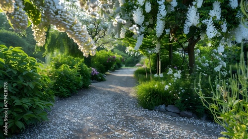 Robinia with white racemose flowers growing along photo