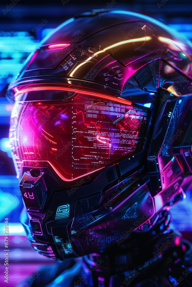 A high-tech helmet with a visor displaying glowing data streams and holographic interfaces in neon colors. 