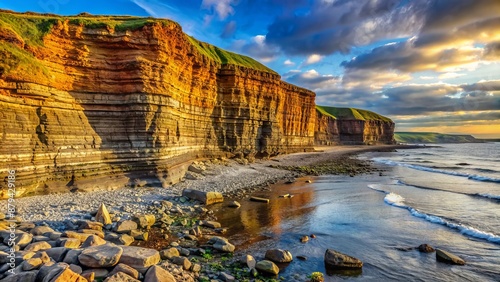 Dramatic seaside cliff with layered, multi-hued rock formations, fossil-rich landscape, and serene ocean backdrop at Kilve Beach, England. photo