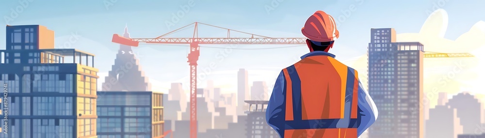Construction Worker Looking at City Skyline Illustration Construction Worker Looking at City Skyline Illustration