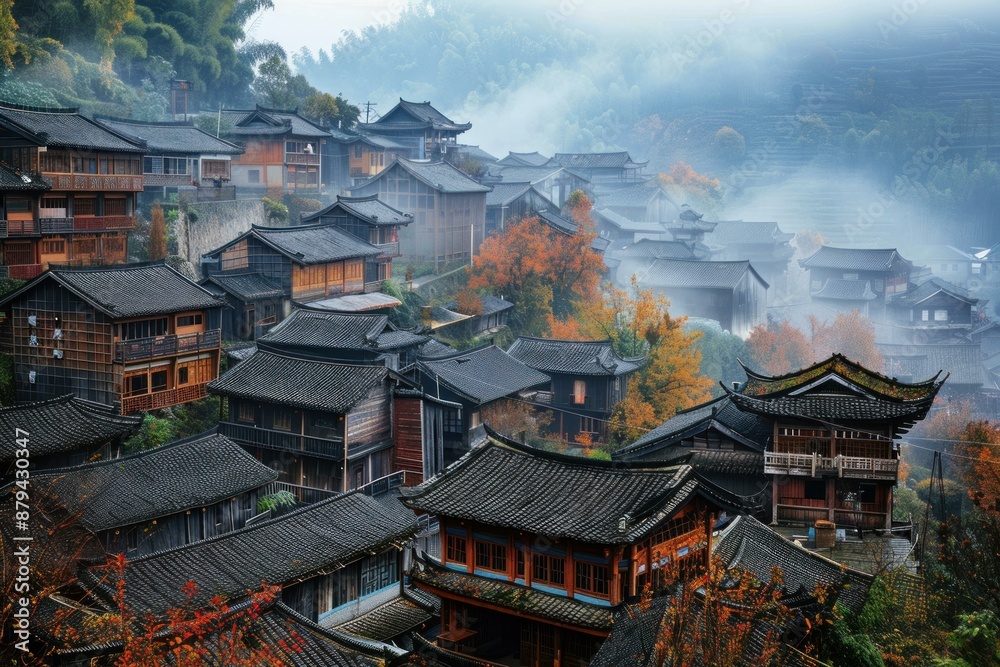 Traditional wooden houses with dark tiled roofs are standing on a hillside in the autumn mountains, surrounded by fog Traditional wooden houses with dark tiled roofs are standing on a hillside in the autumn mountains, surrounded by fog