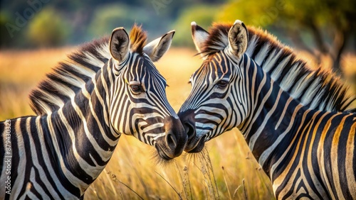 Affectionate nuzzling between two adult zebras, nature's tender moment, set against a serene Kruger Park savannah backdrop in South Africa.