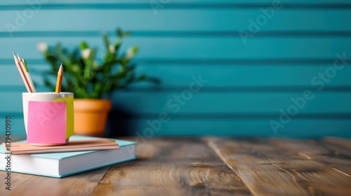 Inspiring Workspace with Bright Reminders and Creative Thoughts for Productivity and Success A Desk with Colorful Sticky Notes, Pencils, a Plant, and Notebooks on a Wooden Surface Against a Teal Wall photo