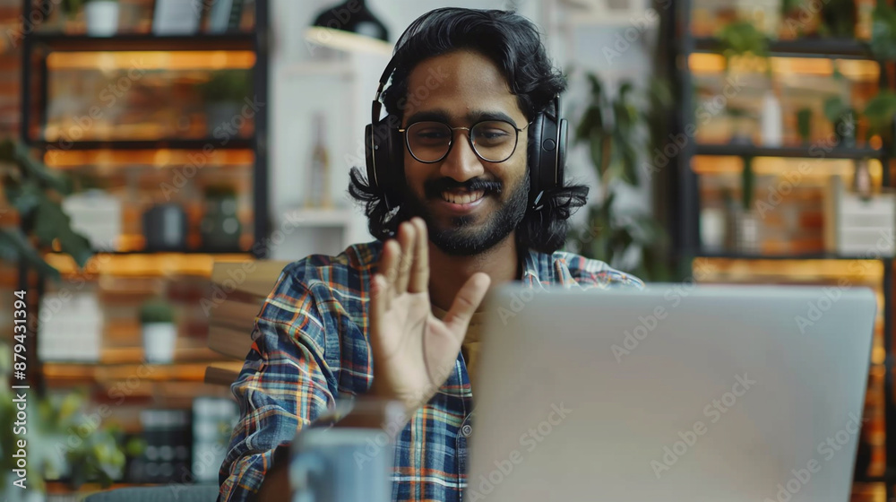 Obraz premium Young Indian man sitting at desk wearing headphones greets teacher start video call lesson to gain new knowledge, learn language, studying online, using laptop and modern videoconference application