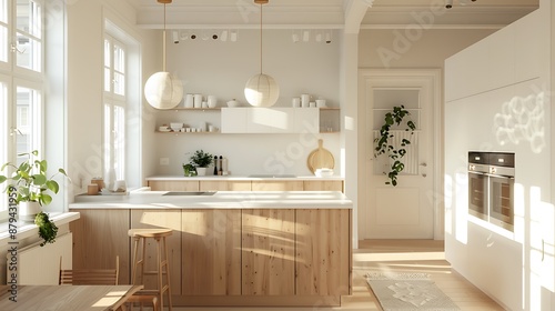 A bright Scandinavian kitchen with a combination of white and wooden details, featuring a large island and modern, minimalistic fixtures.