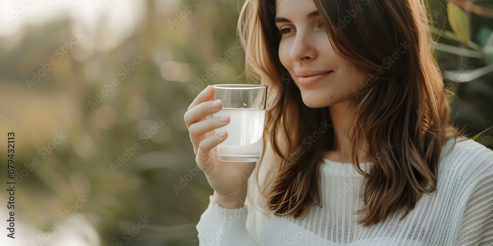 A peaceful woman enjoys a refreshing glass of water in nature. Concept Nature, Peaceful, Woman, Glass of Water, Refreshing A peaceful woman enjoys a refreshing glass of water in nature. Concept Nature, Peaceful, Woman, Glass of Water, Refreshing