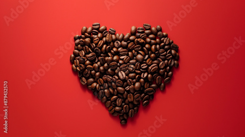 Heart shape made of coffee beans on a vibrant red background