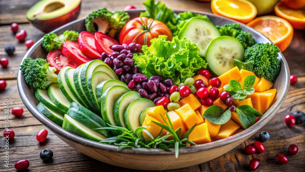 Freshly chopped crisp vegetables, vibrant greens, and juicy fruits artfully arranged in a bowls, epitomizing healthy, wholesome, vegan cuisine. Freshly chopped crisp vegetables, vibrant greens, and juicy fruits artfully arranged in a bowls, epitomizing healthy, wholesome, vegan cuisine.