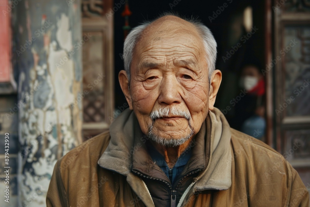 Elderly chinese farmer with a weathered face and a white mustache standing outdoors Elderly chinese farmer with a weathered face and a white mustache standing outdoors