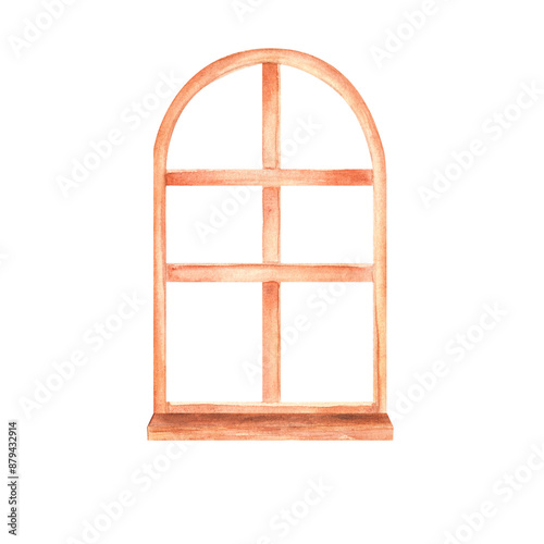 Closed window with natural wooden frame. Interior design clipart. Rustic window with light brown wooden frame. Hand-drawn watercolor illustration.