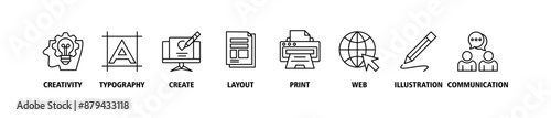 Graphic design banner web icon set vector illustration symbol infographic concept with icon of creativity, typography, create, layout, print, web, illustration and communication