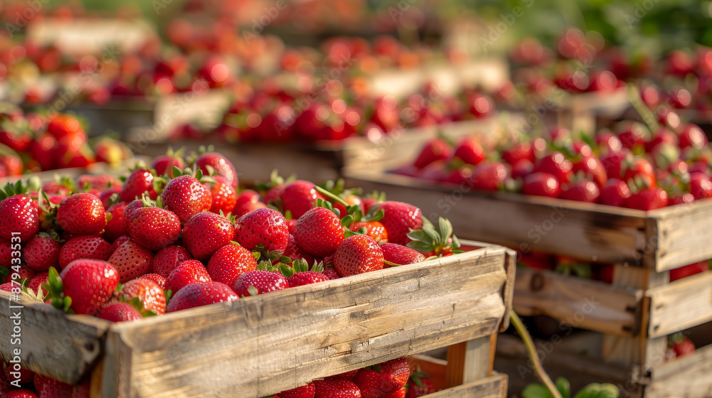 Directly above view of fresh red strawberries with clean green leaves. The strawberries are various sizes and fill the frame of the photograph. Directly above view of fresh red strawberries with clean green leaves. The strawberries are various sizes and fill the frame of the photograph.