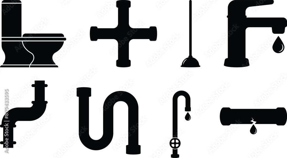 Toilet, Faucets, Taps, Plunger, Broken, Cross Joint crew, Pipes Plumbing Icons.