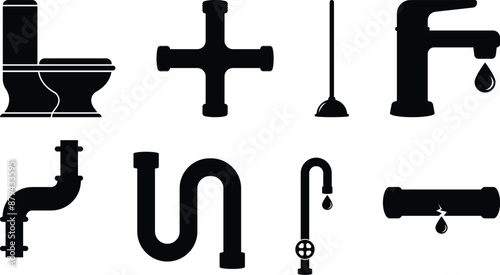 Toilet, Faucets, Taps, Plunger, Broken, Cross Joint crew, Pipes Plumbing Icons.