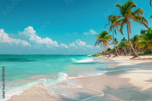 A sandy beach with tall, swaying palm trees and turquoise water. Gentle waves lapping against the shore, with clear blue skies. 