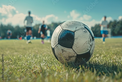 Close-up of soccer ball lies on outdoor soccer field. Soccer game, sports equipment, outdoor sports. Generated by AI. Beautiful simple AI generated image in 4K, unique.