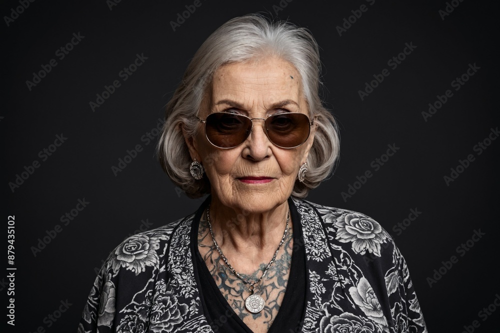 Porträt einer älteren tätowierten Frau mit Sonnenbrille vor dunklem Hintergrund. Porträt einer älteren tätowierten Frau mit Sonnenbrille vor dunklem Hintergrund.