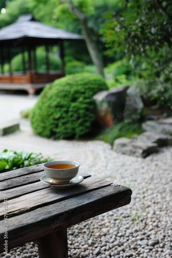 Serene Zen Garden with Tea Pavilion and Wooden Bench - Tranquil Meditation Space