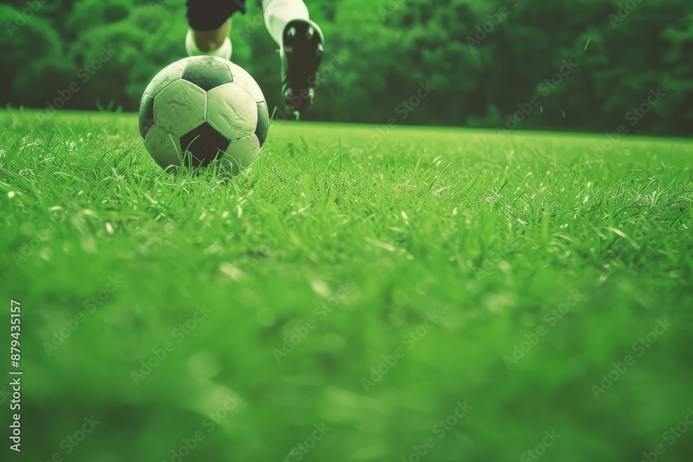 Fototapeta premium Close-up of soccer ball lies on outdoor soccer field. Soccer game, sports equipment, outdoor sports. Generated by AI. Beautiful simple AI generated image in 4K, unique.