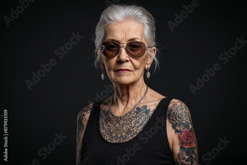 Porträt einer älteren tätowierten Frau mit Sonnenbrille vor dunklem Hintergrund.