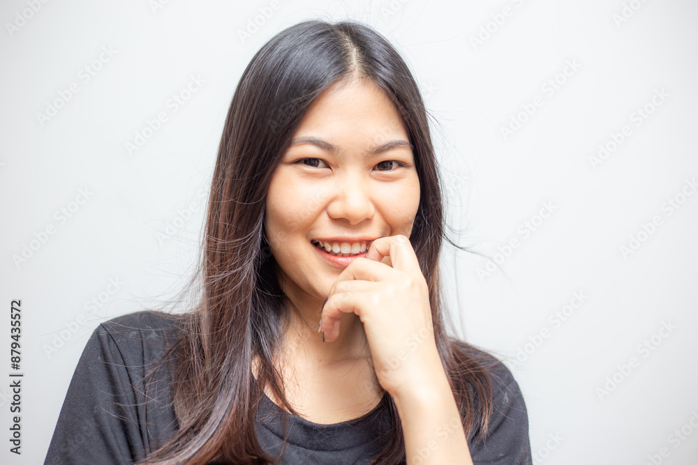 Beautiful happy asian women portrait smiling wearing black shirt
