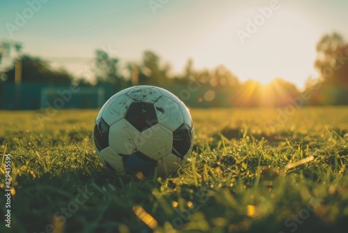 Close-up of a soccer ball on a grass field with players' feet in motion during a match at sunset.. Beautiful simple AI generated image in 4K, unique.