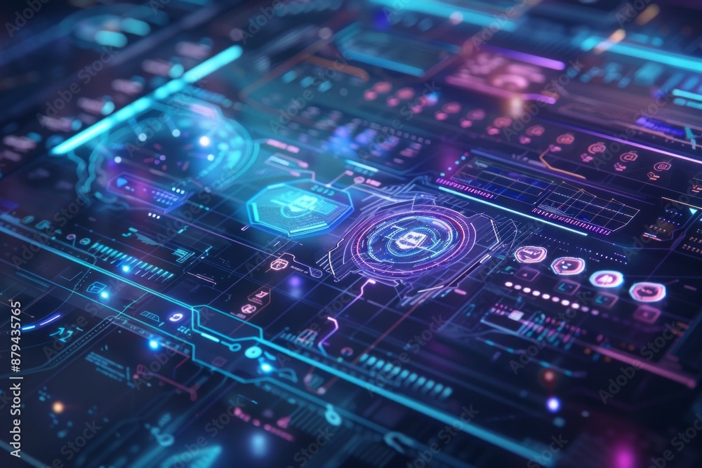A sleek, transparent interface with floating holographic screens and controls, rendered in shades of blue and purple, with glowing accents A sleek, transparent interface with floating holographic screens and controls, rendered in shades of blue and purple, with glowing accents