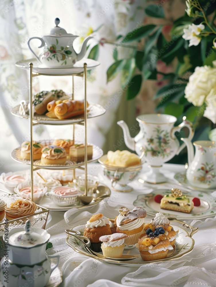 Chic High Tea Affair with Tiered Pastries, Teapot, and Fine China Elegance Chic High Tea Affair with Tiered Pastries, Teapot, and Fine China Elegance