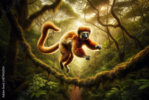 The crowned sifaka (Propithecus coronatus), an endangered and endemic animal, gracefully leaps among the branches of its natural forest habitat in Madagascar. photo