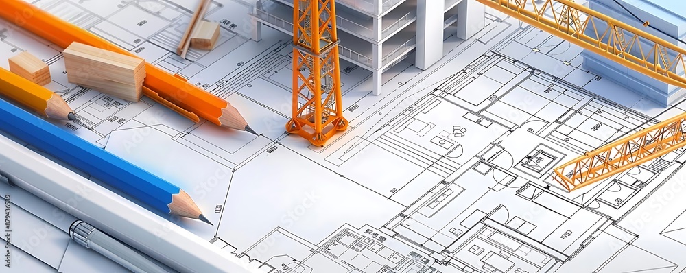 3D Illustration of Construction Site with Building Blueprint, Crane, and Pencils 3D Illustration of Construction Site with Building Blueprint, Crane, and Pencils