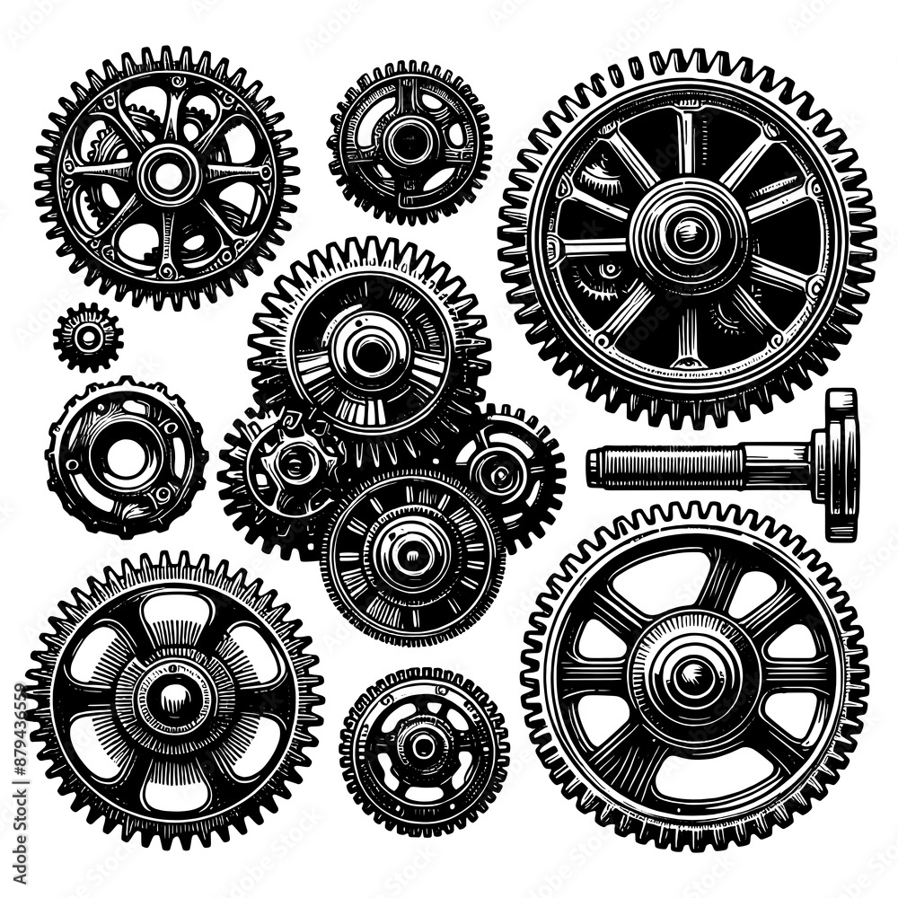 various steampunk gears and mechanical components, intricate design and industrial aesthetics sketch engraving generative ai PNG illustration. Scratch board imitation. Black and white image. various steampunk gears and mechanical components, intricate design and industrial aesthetics sketch engraving generative ai PNG illustration. Scratch board imitation. Black and white image.