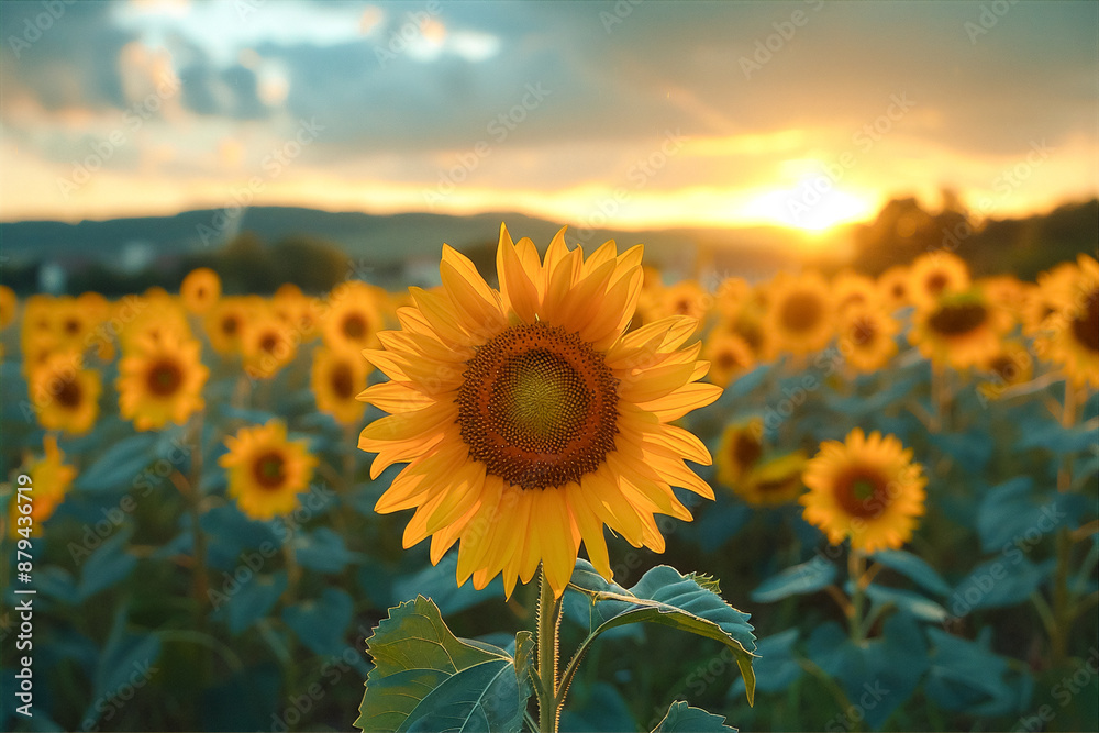 Fototapeta premium Breathtaking Sunflower Field at Dusk. Warm and Serene Sunset