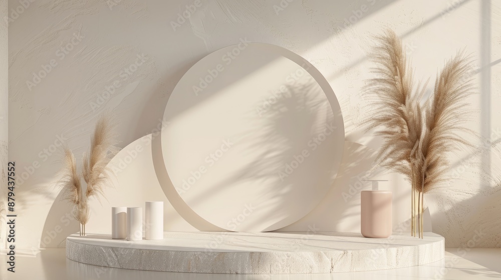 Fototapeta premium Cosmetic product display podium with abstract minimal geometry and pampas grass