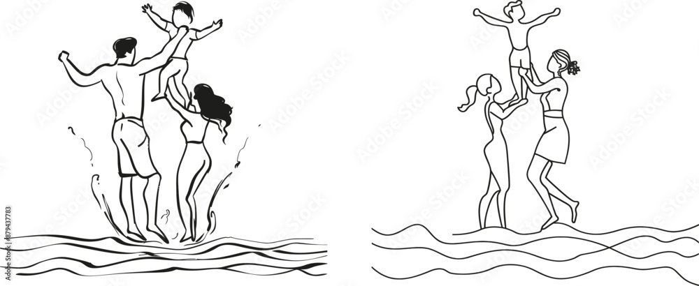 Fototapeta premium The front view of a happy family in continuous line art drawing style. Parents and their kids hold hands and walk together in black linear illustration on white background. Modern illustration.