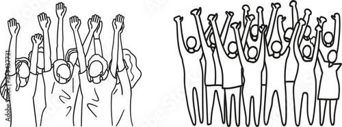 This illustration shows a cheering crowd, with hands up while people applaud. It is a continuous one line drawing shown with a group of applause people.