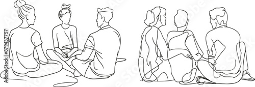 A group of young people sits on the ground together and talks. Friends rest and communicate. The sketch is simple and linear and the background is white and black.