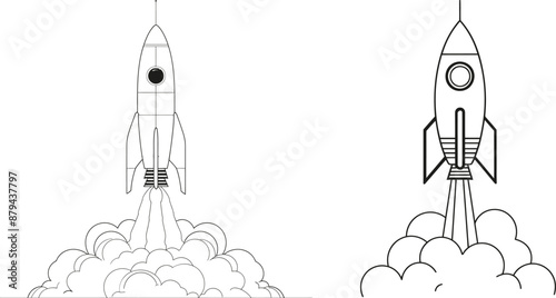 Drawing of a simple retro spacecraft flying into outer space. Rocket space ships taking off into the universe. Dynamic one line draw design of a modern graphic illustration.