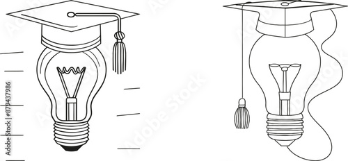Line drawing of a light bulb and graduation hat. The light bulb lamp represents education and learning in a simple linear style. The stroke can be edited. Doodle Modern illustration.