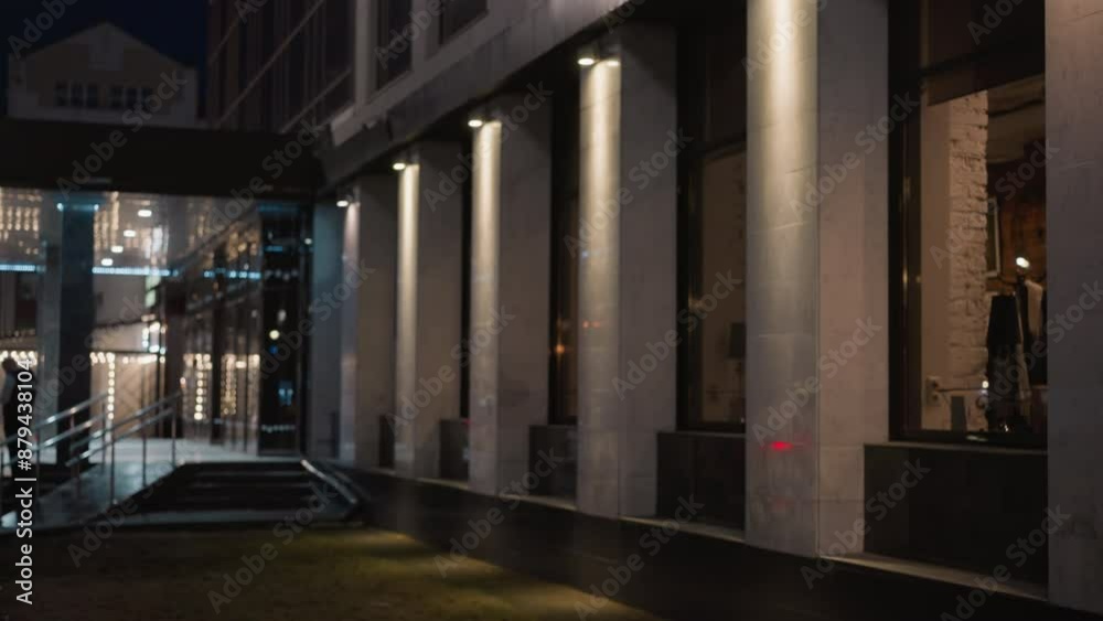Close view of a modern building exterior at night with illuminated pillars and large windows