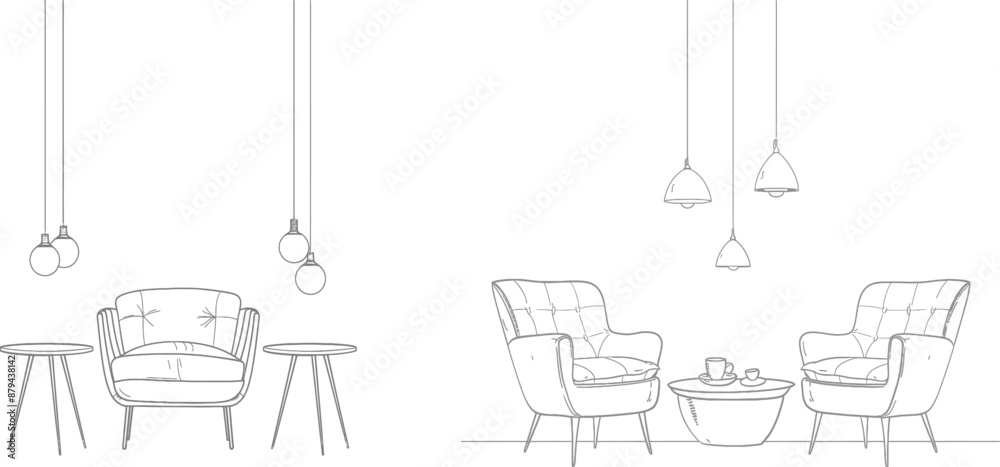 This is an illustration of a simple line drawing of an armchair and hanging lamps, with a plant on the table for an interior room in a simple linear style with editable strokes. It is suitable for