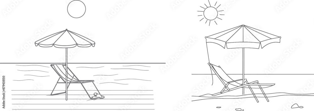 An umbrella and chair on a beach in a continuous line drawing. A beach umbrella and chair in a simple linear style. Editable stroke is provided. Modern illustration of a beach umbrella and chair with An umbrella and chair on a beach in a continuous line drawing. A beach umbrella and chair in a simple linear style. Editable stroke is provided. Modern illustration of a beach umbrella and chair with