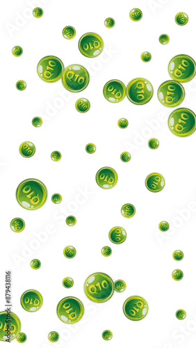 Vitamin Q10 round capsules scattered randomly.