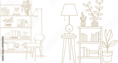 The drawing shows a cabinet with a floor lamp and an indoor plant in simple linear style. You can edit the stroke. Modern doodle illustration.