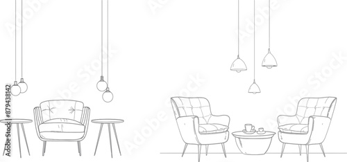 This is an illustration of a simple line drawing of an armchair and hanging lamps, with a plant on the table for an interior room in a simple linear style with editable strokes. It is suitable for